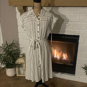 Calvin Klein White and Gray Striped Midi Dress